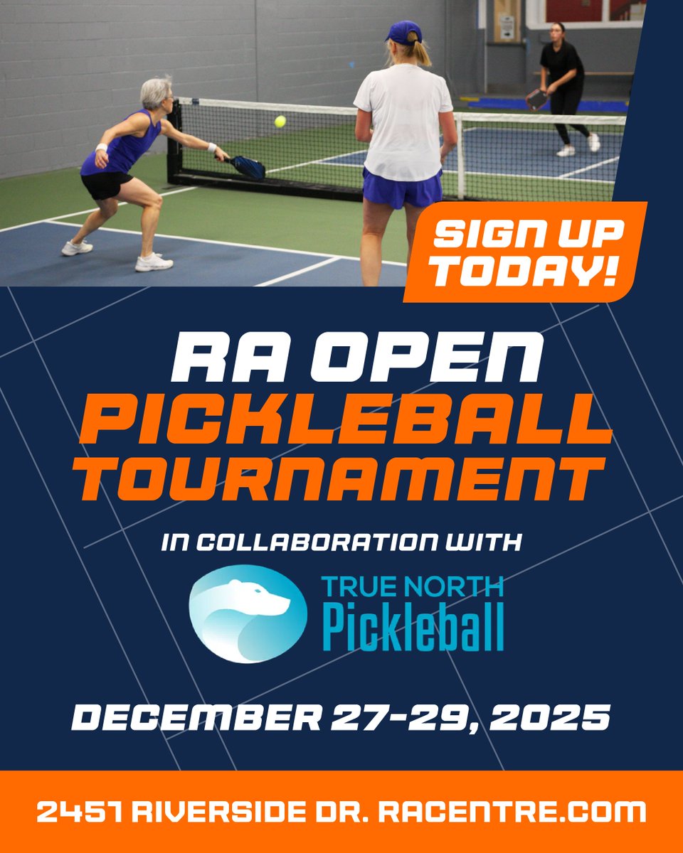 Hungry for competition? Gear up and get ready for the RA Open with True North Pickleball – a weekend of fierce competition from December 27 to 29! 🤝

Don’t miss the last tournament of 2025! Registration closes Saturday, December 20 at 10:00pm!

racentre.com/pickleball