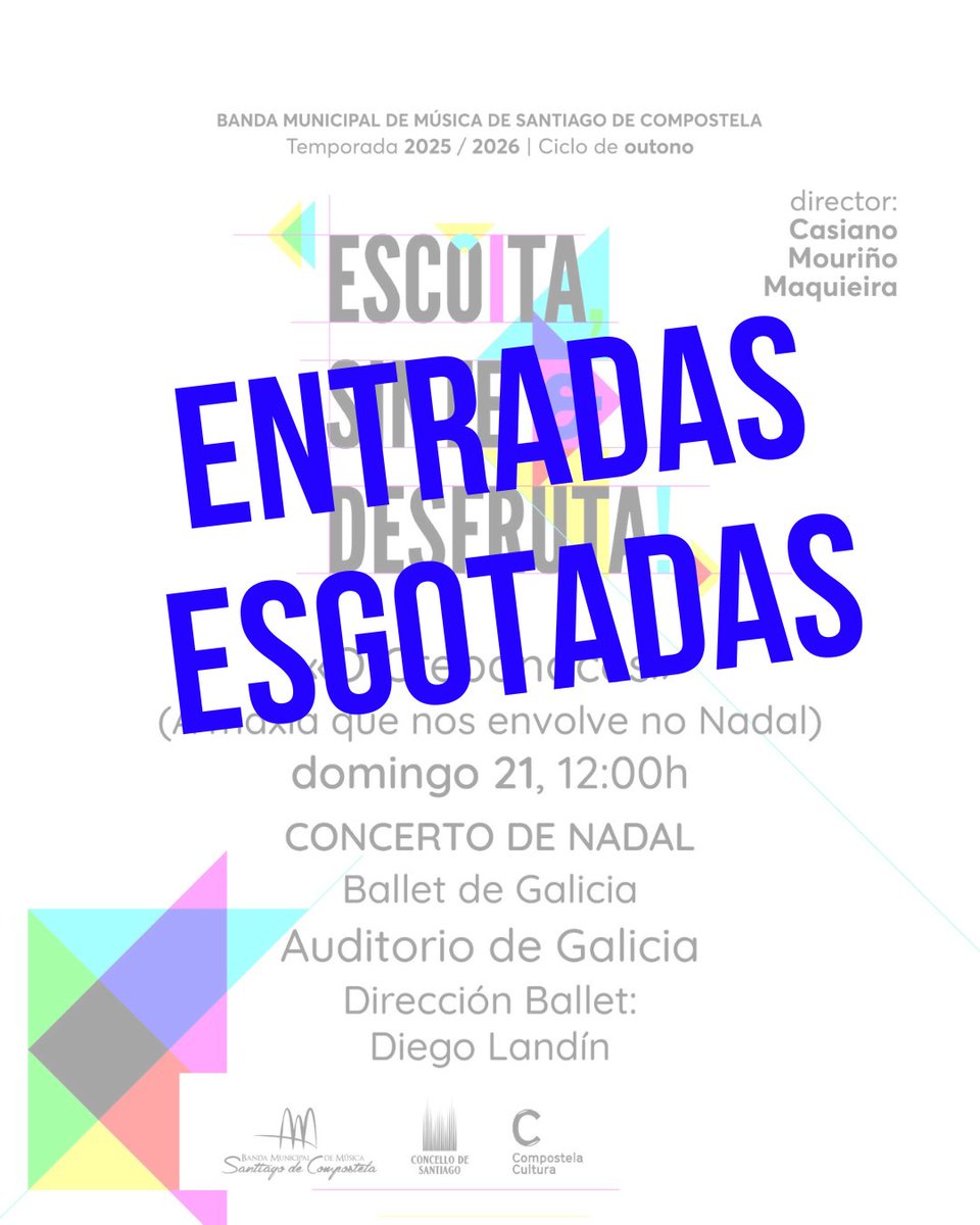 BMSCompostela's tweet image. AS ENTRADAS PARA O CONCERTO DESTE DOMINGO ESTÁN ESGOTADAS!! 📢

Moitas grazas pola acollida e agardamos que desfrutedes moito do noso CONCERTO DE NADAL ✨