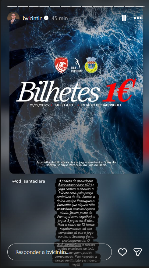 Santa Clara coloca bilhetes a 1 euro para a receção ao Arouca, no domingo.