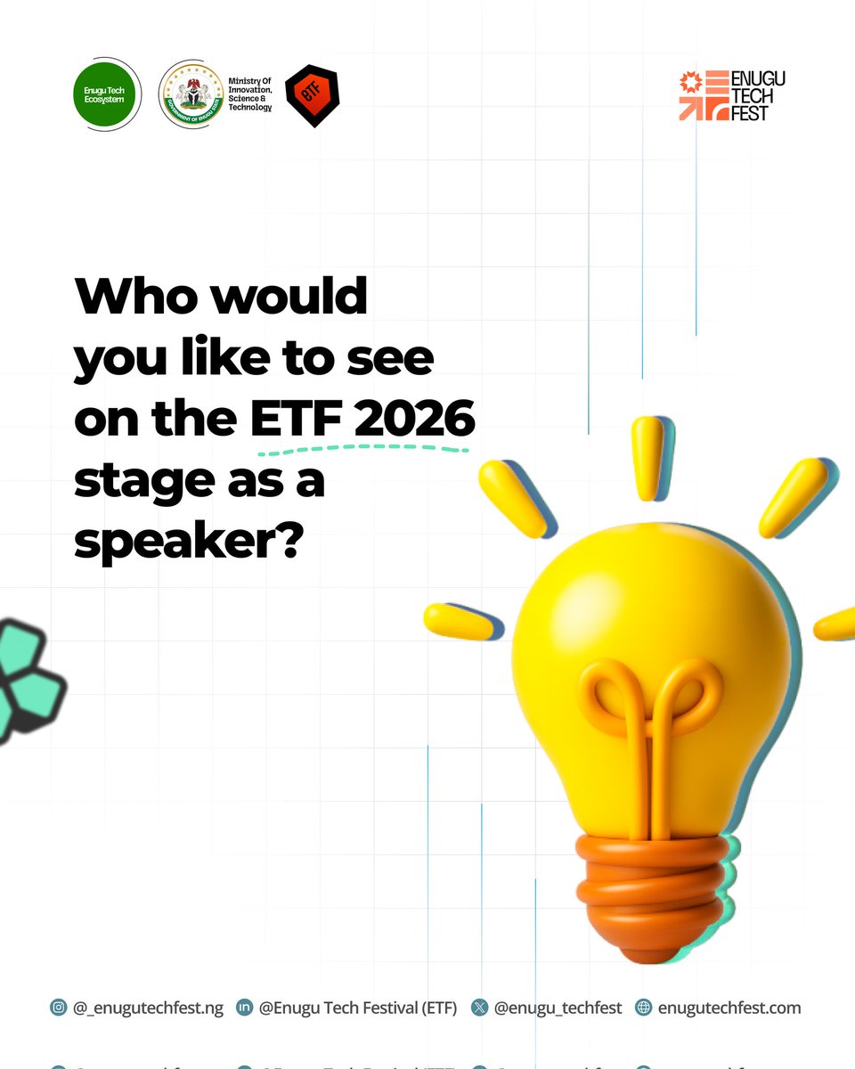 Enugu_techfest's tweet image. Is there someone special you'd love to see on the ETF 2026 stage? 🤭

Drop the names of the speakers and industry leaders you want to learn from and tag them below. Who knows? We just may bring them onboard for you!

Register for ETF 2026: enugutechfest.com 

#CoalToCode…