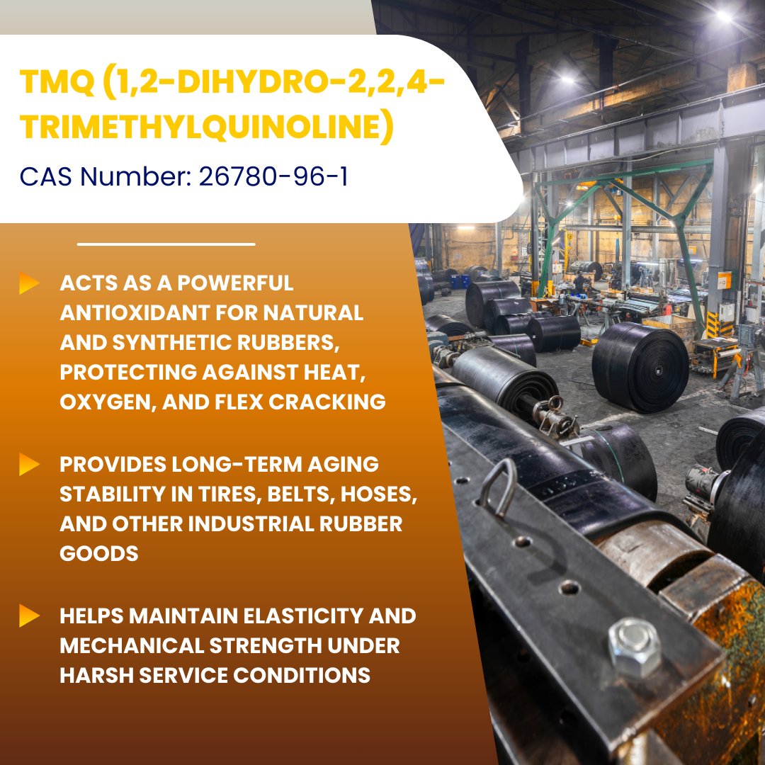 ChemCeed's tweet image. 🛡️ TMQ is an essential antioxidant used across the rubber industry to protect elastomers from heat, oxygen, and flex cracking.

🔗 chemceed.com/products/12-di…

#FeatureFriday #RubberAdditives #AgingResistance #TireIndustry #IndustrialRubber #Vulcanization #ChemicalSupplier #ChemCeed