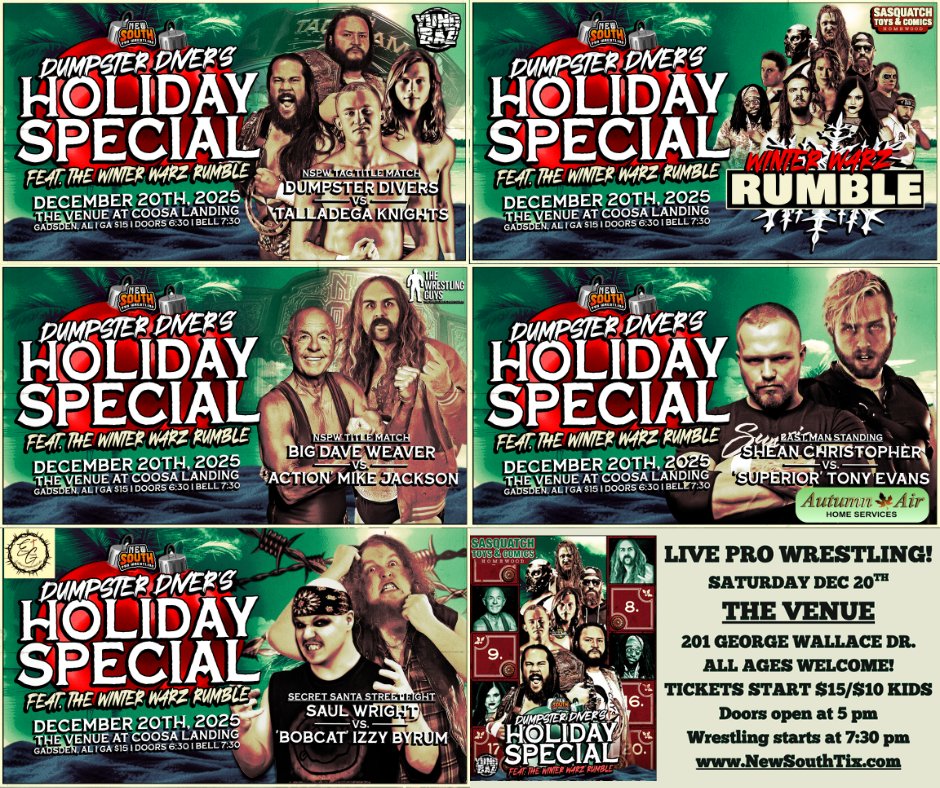 NewSouth_PW's tweet photo. TOMORROW night in GADSDEN!!!!
The last show of the Year! The last match of Southern Wrestling Legend Cabana Man Dan!
All remaining tickets can be purchased at the door!
BEST FEST 2: FREE Pro Wrestling Festival! Kicks off at 5pm
Doors open for the Dumpster Divers Holiday Special at 630pm
We kick off the WINTER WARZ RUMBLE at 730pm Central!!!!!!
#BestInTheSouth
