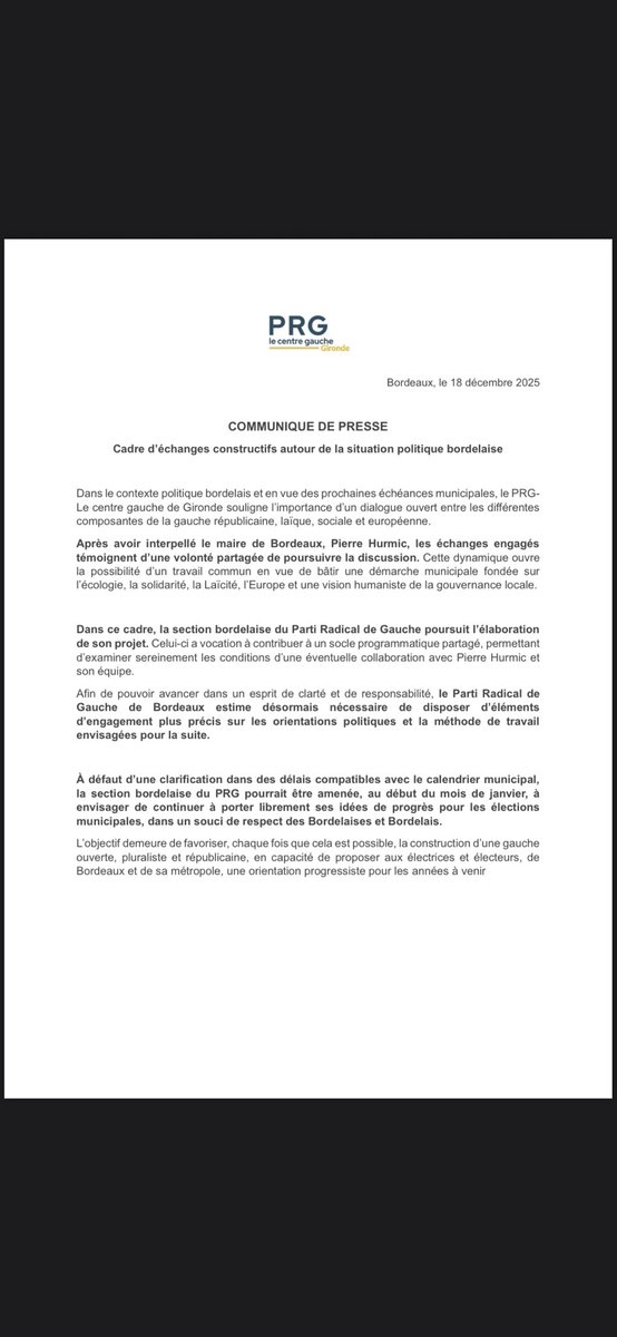 Municipales Bordeaux le prg demande un calendrier de travail à <a href="/PierreHurmic/">Pierre HURMIC</a>