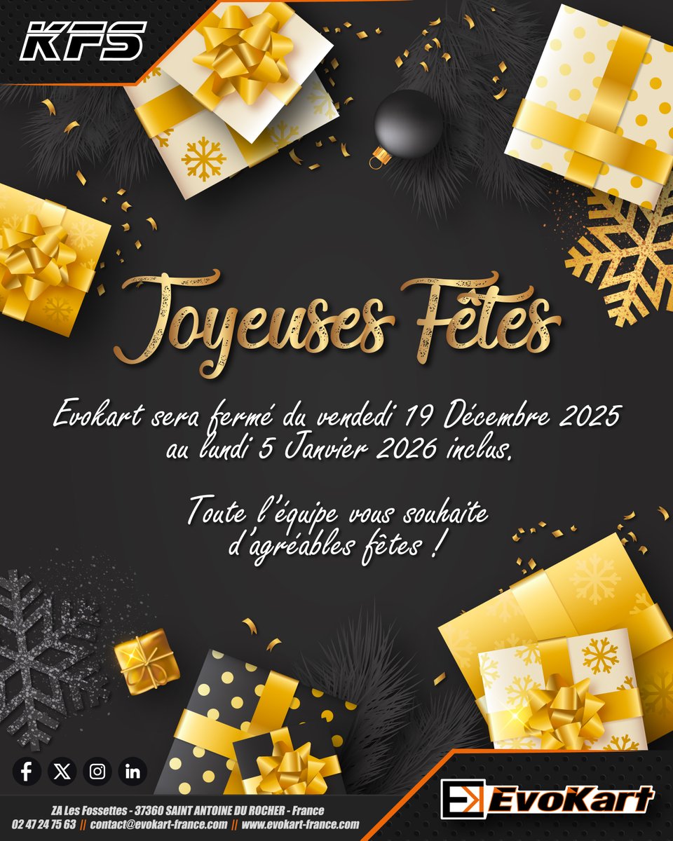 🎄 EvoKart fait une pause hivernale ❄️

📅 Fermeture du 19/12/2025 au 05/01/2026 inclus

Merci à tous pour votre fidélité tout au long de l’année 🙏

On se retrouve très vite en 2026 pour de nouvelles sensations ! 🏁

#EvoKart #Karting #JoyeusesFêtes