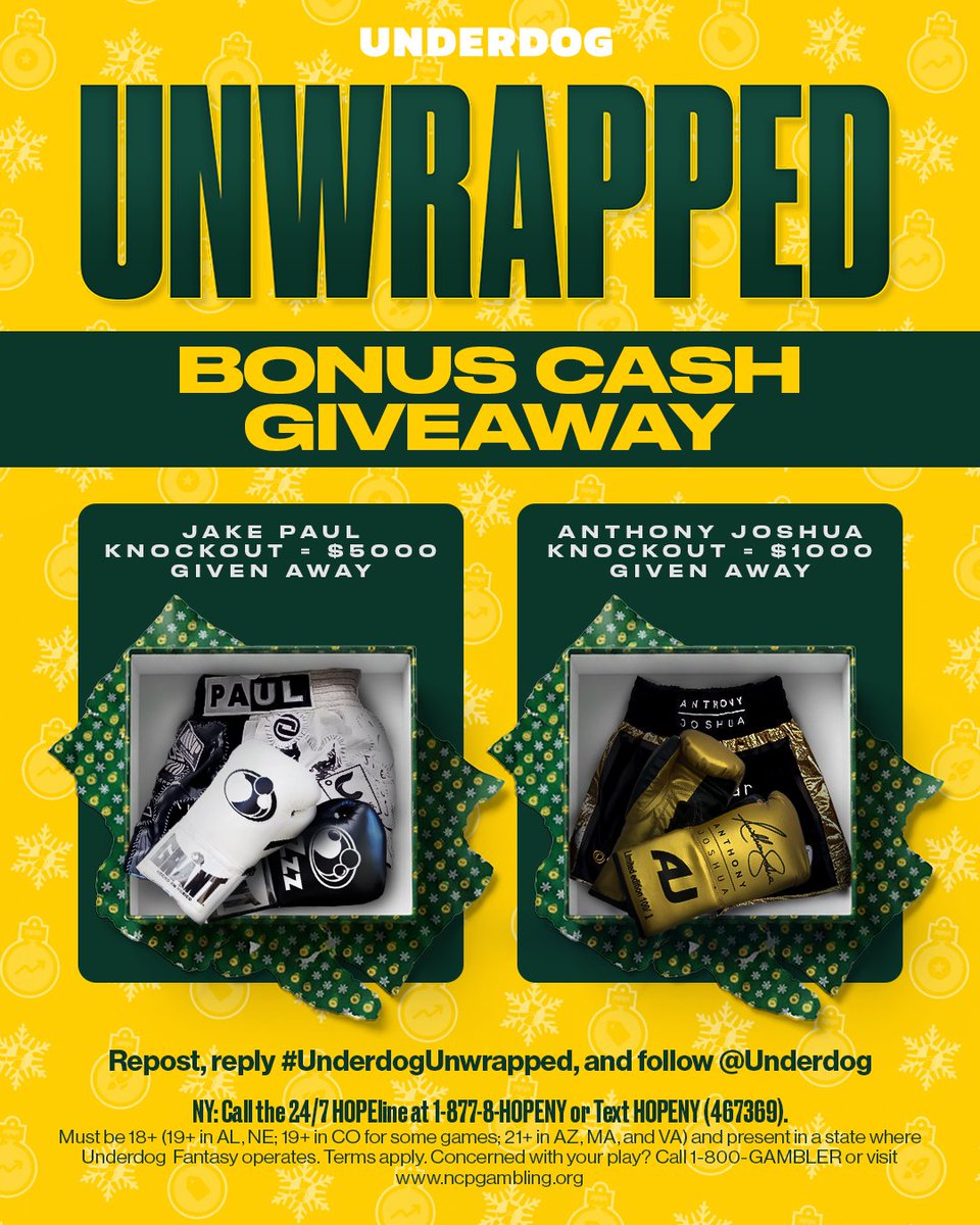 Underdog's tweet image. 💰 BONUS CASH GIVEAWAY 💰

We're giving out bonus funds based on the outcome of tonight's fight 👀

💵 $5,000 if Jake Paul knocks out Anthony Joshua
💵 $1,000 if Anthony Joshua knocks out Jake Paul

To enter:
1️⃣ Repost this
2️⃣ Follow @Underdog
3️⃣ Reply with #UnderdogUnwrapped