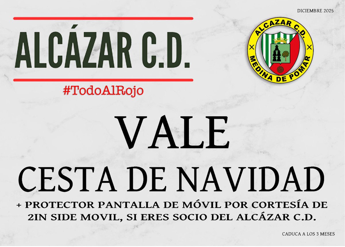 🎟️NUESTRA RIFA🎟️
📅20/12/25
📍 Chuspe
🕠 16:30
En el partido de los Aficionados se hará el sorteo de una cesta de Navidad
Y si eres socio 2In Side Móvil te regala un protector de pantalla para el móvil
Ven, participa y vive el deporte!
Tu apoyo impulsa al deporte y comercio local