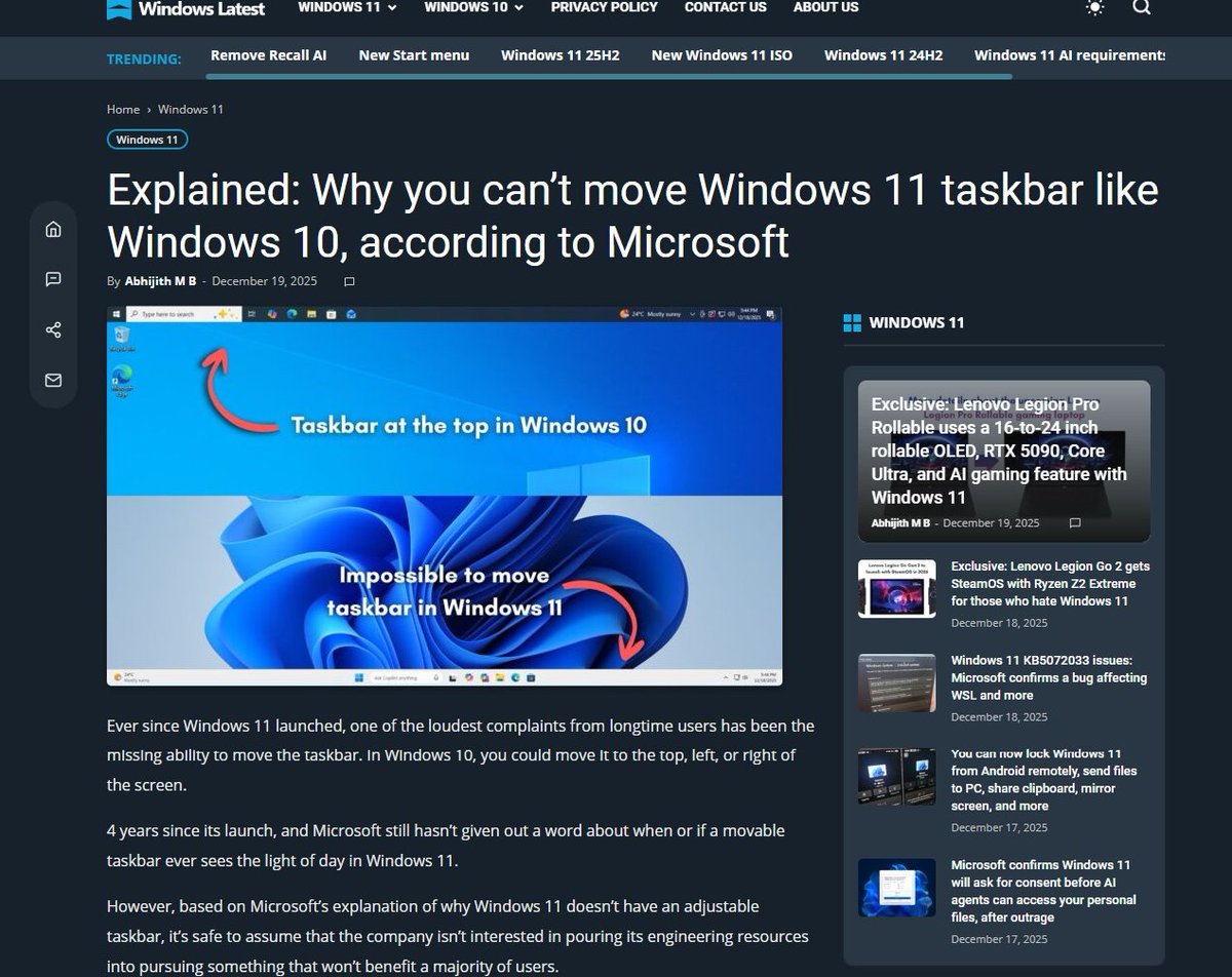 Pirat_Nation's tweet image. Microsoft says it is too hard to move the taskbar and will never add the ability too.
windowslatest.com/2025/12/19/why…