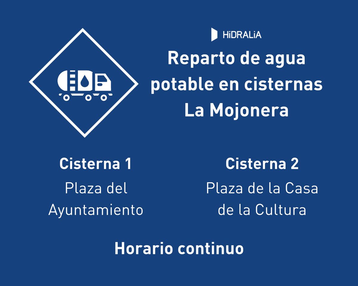 ⚠️ #LaMojonera
🚛💧 Zonas de reparto de agua potable con camiones cisterna
⏰ Horario continuo