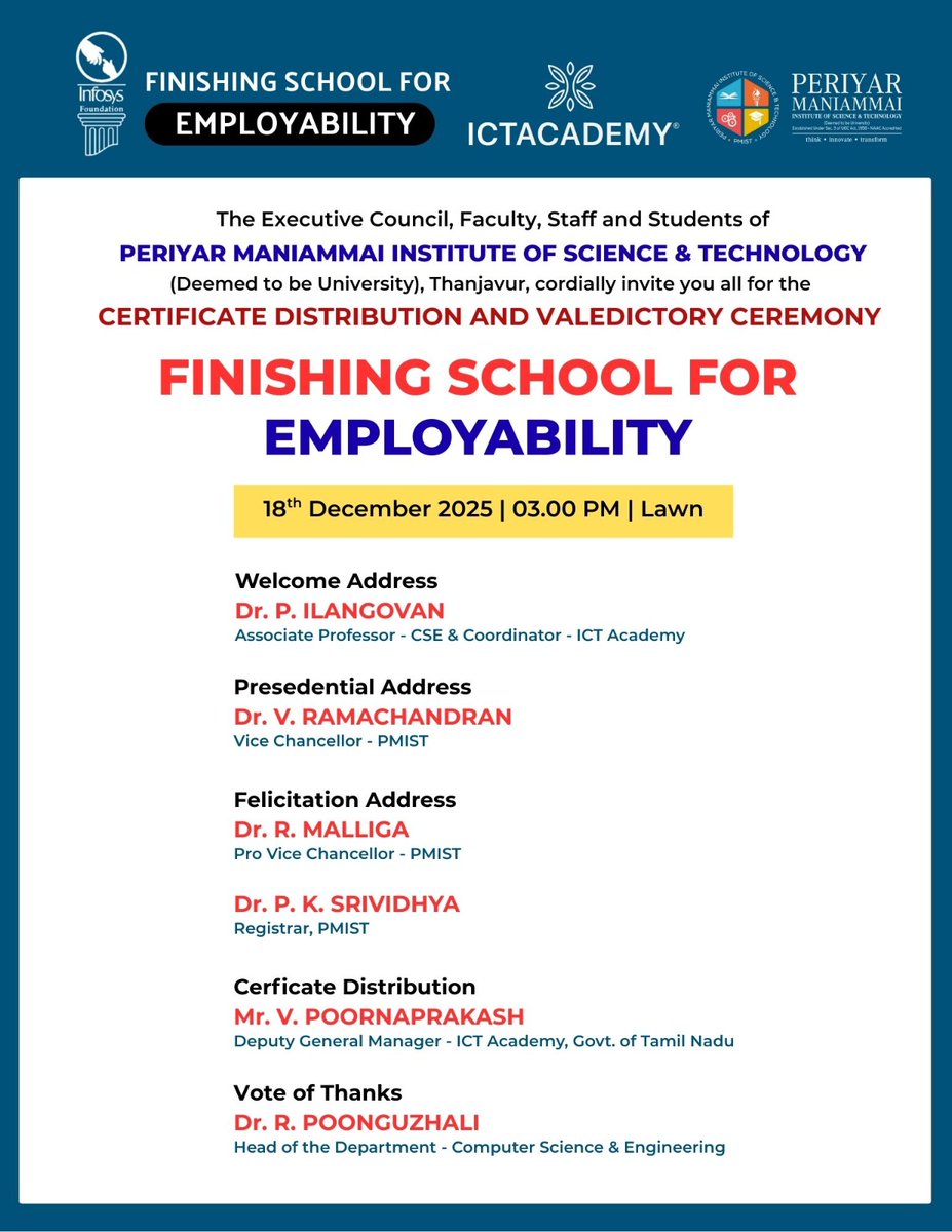PMIST2's tweet photo. Celebrating the successful completion of the Infosys Foundation – Finishing School for Employability CSR Training on Data Analytics at PMIST, Thanjavur! A step forward in nurturing industry-ready talent through skill development and learning opportunities.
#InfosysFoundation https://t.co/04IFbUMkGY