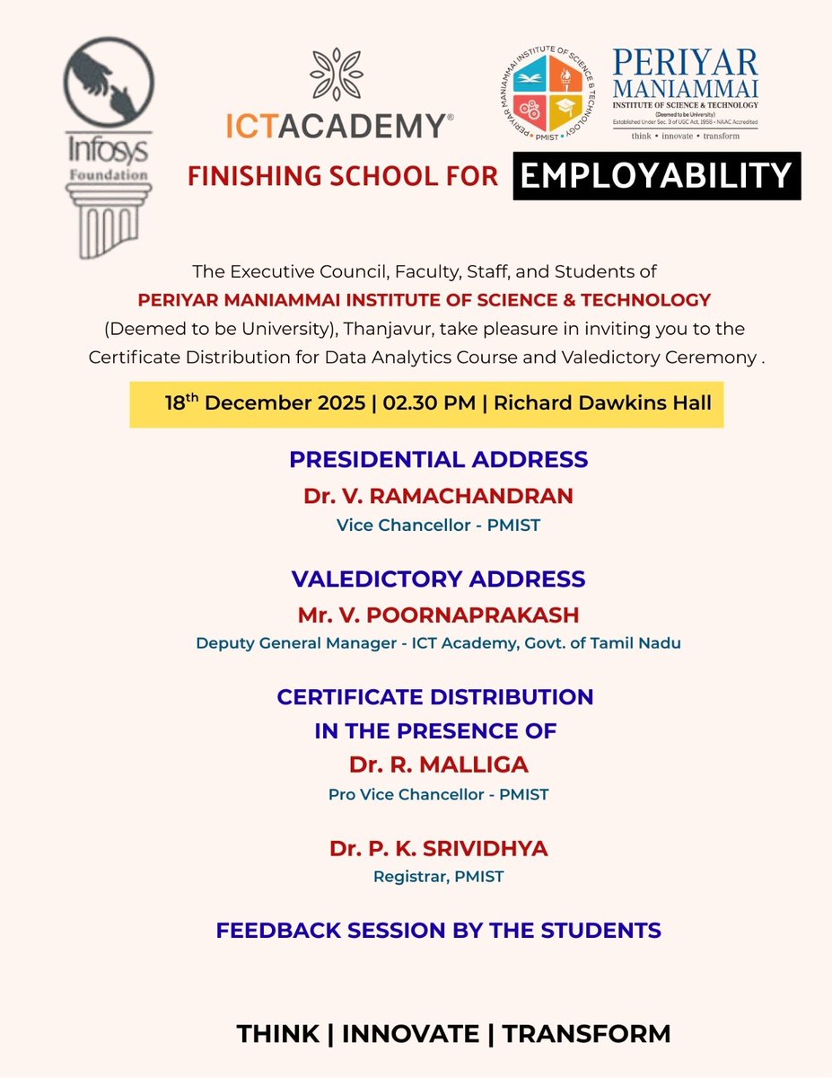 PMIST2's tweet photo. Celebrating the successful completion of the Infosys Foundation – Finishing School for Employability CSR Training on Data Analytics at PMIST, Thanjavur! A step forward in nurturing industry-ready talent through skill development and learning opportunities.
#InfosysFoundation https://t.co/04IFbUMkGY