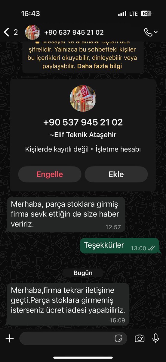 Aynı servis bize ürünün stoğa girdiği noktasında bir mesaj attı. Bugün de ürünün stokta olmadığını, istersek ücret iadesi yapabileceklerini belirten bir mesaj atmışlar. <a href="/tefalturkiye/">Tefal Türkiye</a>