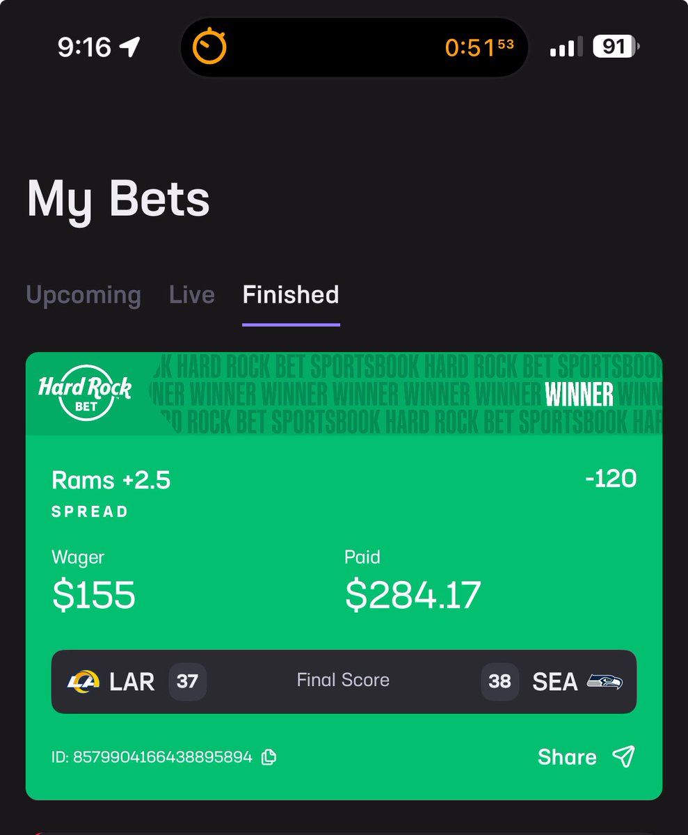 BluesBestBets's tweet photo. ONCE AGAIN CASH THE FREE PLAY. BANG!! 
2-0 Since We Started. 
What a game! 🏈🏈
#Rams #Seahawks #Nfl #HardRock #Betr https://t.co/QxAsxABlKs