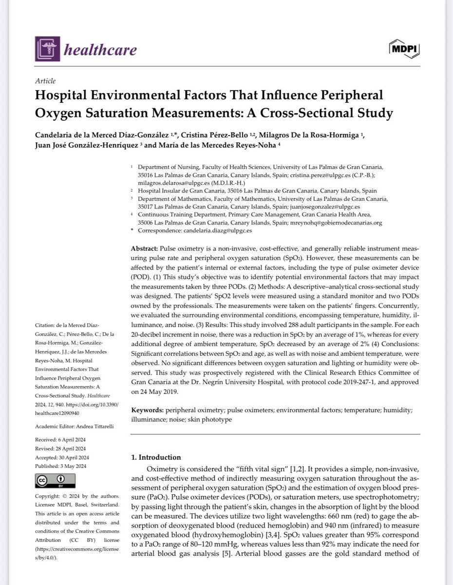 👉🏼El pulsioxímetro es un dispositivo no invasivo para medir la frecuencia del pulso y la saturación del oxígeno (SpO2).
Es bastante fiable,  pero el resultado puede variar  por factores internos y externos del paciente y por la marca del instrumento . accedacris.ulpgc.es/bitstream/1055…