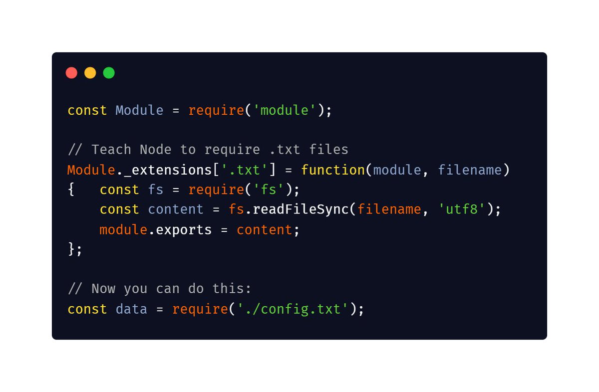 khrasedul_dev's tweet image. ⚡ Node.js Secret #3: Custom File Extensions in require()

🛠️ Add support for .yaml, .xml, .csv files
⚡ Extend Node's module system
⚠️ Advanced feature - use carefully

#NodeJS #JavaScript #CodingTips #WebDevelopment #Programming