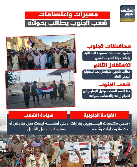 مسيرات واعتصامات.. شعب الجنوب يطالب بدولته (إنفوجراف) #استعادة_دوله_الجنوب 