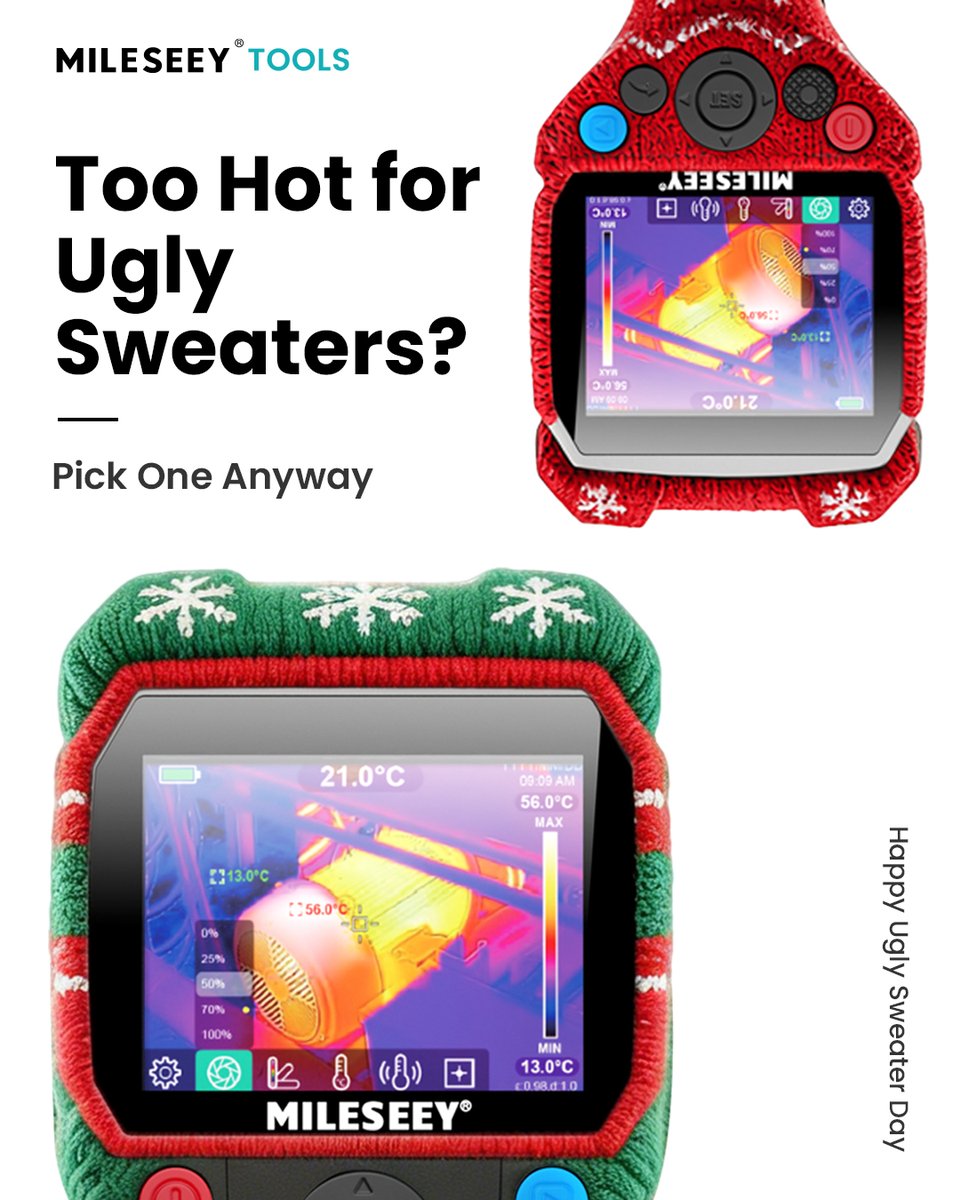 🎄 Ugly Sweater Day Mood: ON
Your sweater can be ugly.
Your measurements shouldn’t be.
Dec 19 is all about fun,
but when it comes to work, accuracy still matters.

#UglySweaterDay #MileseeyTools  #LaserMeasure  #ProTools #Innovation⁠ #thermalimager