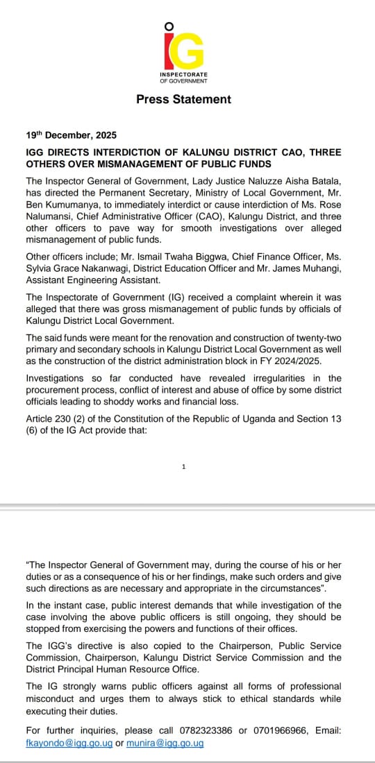 IGGUganda's tweet image. The Inspector General of Government, Lady Justice Naluzze Aisha Batala, has ordered the interdiction of the Chief Administrative Officer of Kalungu District Local Government, Ms. Rose Nalumansi, and three other officials over alleged mismanagement of public funds.…