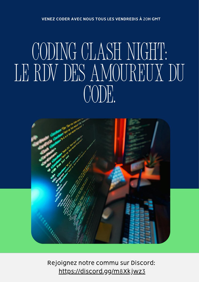 Sdeme9's tweet image. 📢 Ça y est, c'est officiel !

Le Coding Clash Night devient hebdomadaire.
Tous les vendredis à 20 h GMT, on se retrouve pour résoudre ensemble des défis de code.
Débutants ou experts, il y a un défi pour toi !

👉 Rejoins l'aventure : discord.gg/EAc72jnV