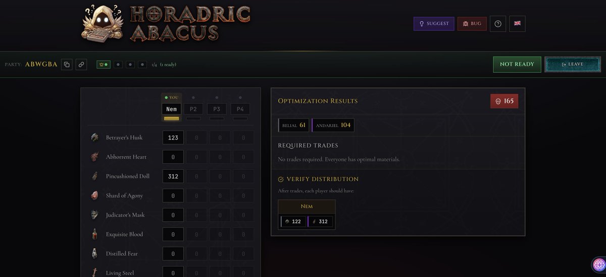 Horadric Abacus için ilk güncelleme yolda 🔃

Artık app içinden party kurup arkadaşlarınıza link gönderip onların kendi materyallerini girmesini isteyebileceksiniz. 

Herkes hazır olduğunuda Optimize işlemini yapıp yeni dağılımları yapabilirsiniz. 

Bugün akşama canlıya almayı