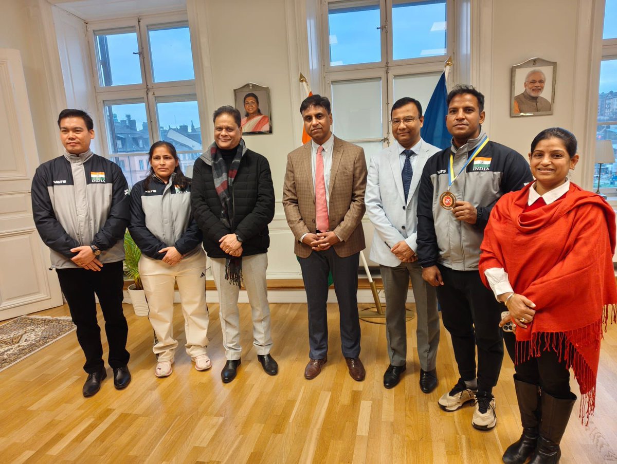 IN_DCP's tweet photo. Shri Rakesh, Naval Civilian from INS Tunir (WNC), secured a Bronze Medal in the 75 kg category at the International Wushu Championship in Sweden. During the event, Shri Anurag Bhushan, Ambassador of India to Sweden, met the Indian Wushu Team and congratulated Shri Rakesh on his achievement.

On arrival, he was warmly welcomed by the NHQ/DCP team and  felicitated by Rear Admiral Aditya Hara, ACOP (AC) for bringing honour to the Indian Navy and the Naval Civilian fraternity.
#ProudMoment 
#IndianNavy 
#NavalCivilian