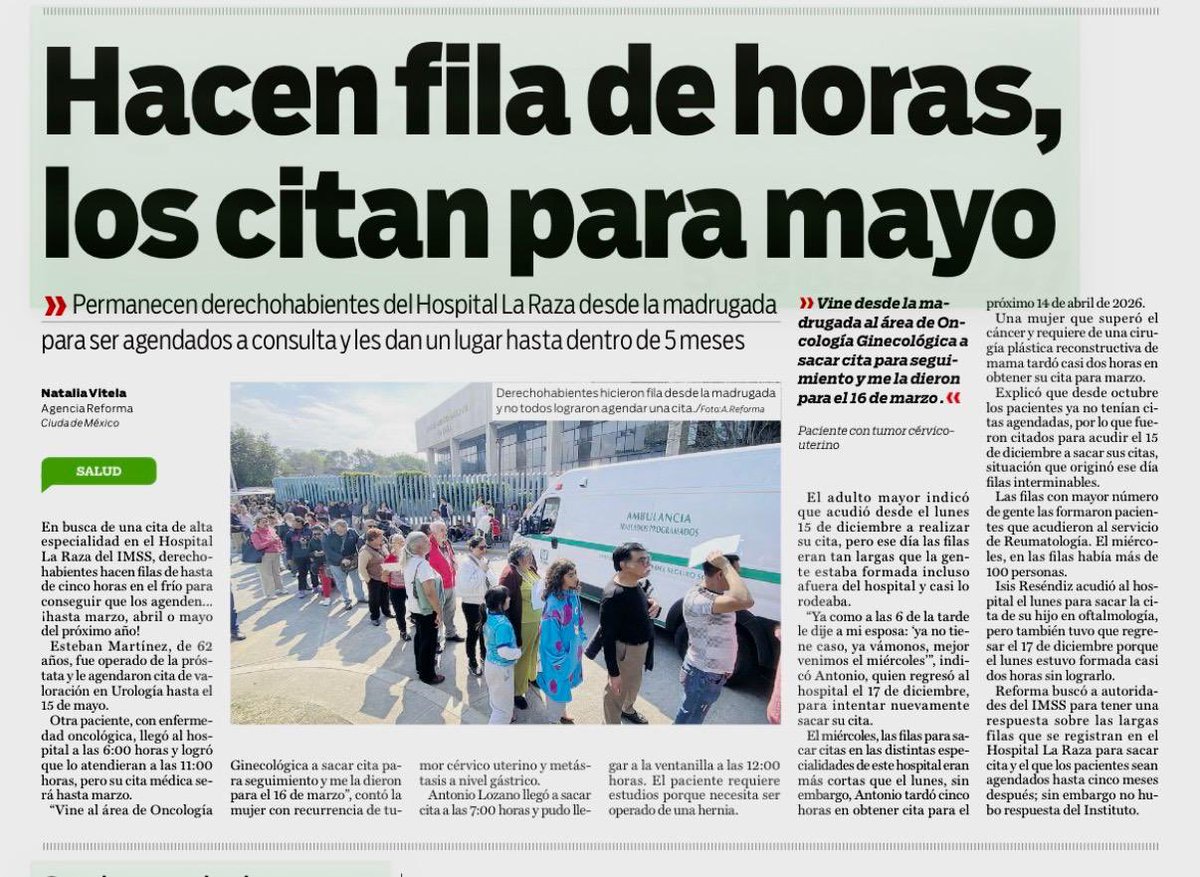 Nadie debería llegar de madrugada al IMSS, formarse horas y aun así recibir cita hasta dentro de cinco meses. Esa es la realidad que viven hoy los derechohabientes en La Raza.

Adultos mayores, pacientes con cáncer, personas que requieren cirugía o seguimiento urgente… todos
