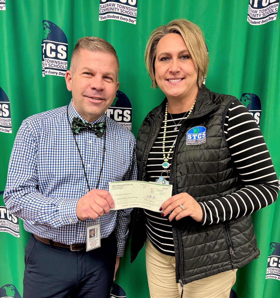 STCS would like to thank Dean Transportation for their generous donation of $250 to use for a student, family or program in need!  Pictured is the Director of Transportation Christopher Greenleaf and Superintendent Jamie Kraatz.
