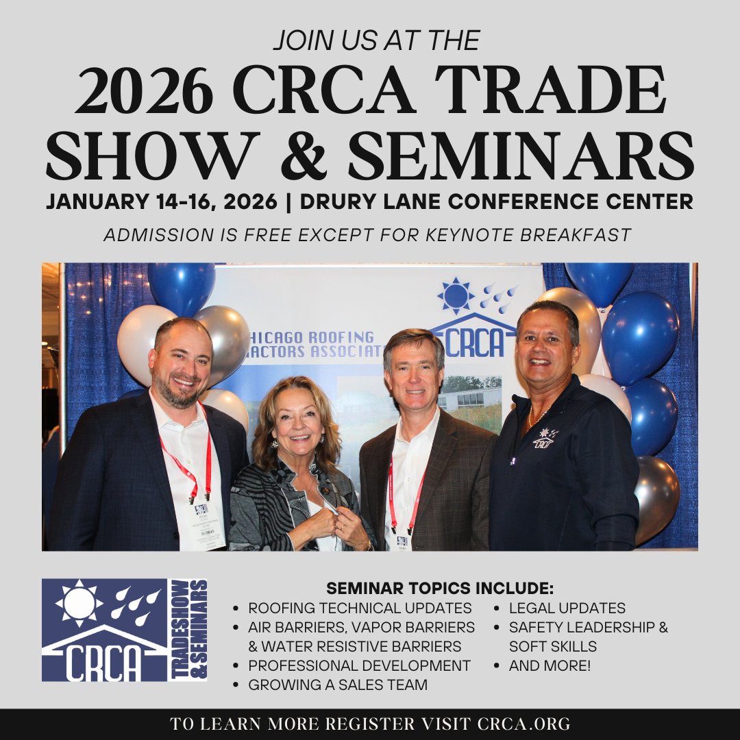 Have you registered for the 2026 CRCA Trade Show &amp; Seminars? Join us for 3 days of networking, education, and all things roofing! Learn more &amp; register here: myconexsys.com/EventRegistrat…