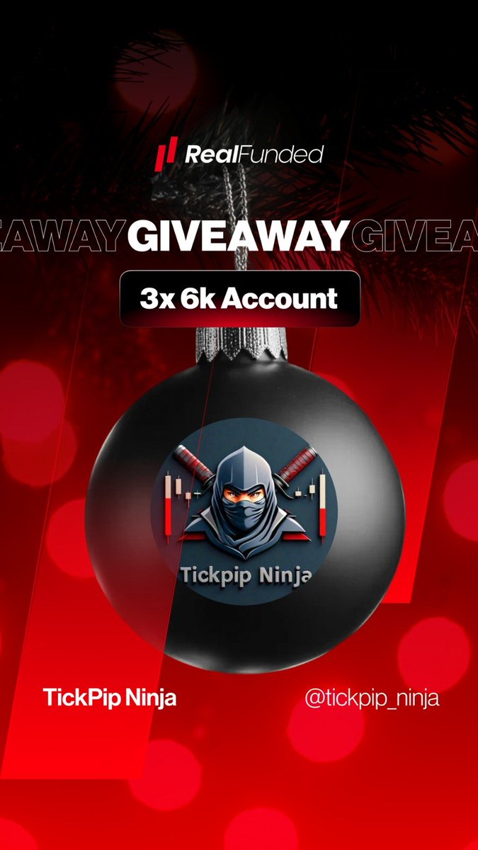🎄 REAL FUNDED CHRISTMAS GIVEAWAY 🎄
Let’s end the year strong with 3 x 6k accounts to giveaway 💸🔥

COMPLETE ALL TASKS BELOW IN ORDER TO CLAIM THE PRIZE👇

✅ Follow <a href="/tickpip_ninja/">TickPip Ninja</a>  <a href="/RealFundedProp/">Real Funded</a> <a href="/gpsychfx/">Gareth- gpsychfx</a> 

✅ Like the giveaway post

✅ Comment and mention 3 Traders

✅
