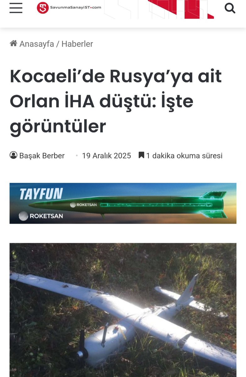 berna_gulpinar's tweet photo. Bir Rus İHA'sı da İzmit'te ağaçlara takılıp düşmüş.

Kamerası çalışır durumdaki insansız keşif aracının Rus yapımı Orlan-10 olduğu söyleniyor.
🤔 https://t.co/3UjCsrtdXm