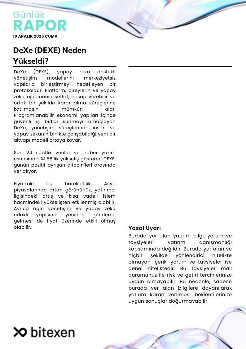 19 Aralık Günlük Bülten
🔹 Clarity Act’te Kritik Takvim Netleşti: Senato Süreci Ocak’ta Başlıyor
🔹 $DEXE Yükselişi
🔹 Yükselenler &amp; Öne Çıkanlar