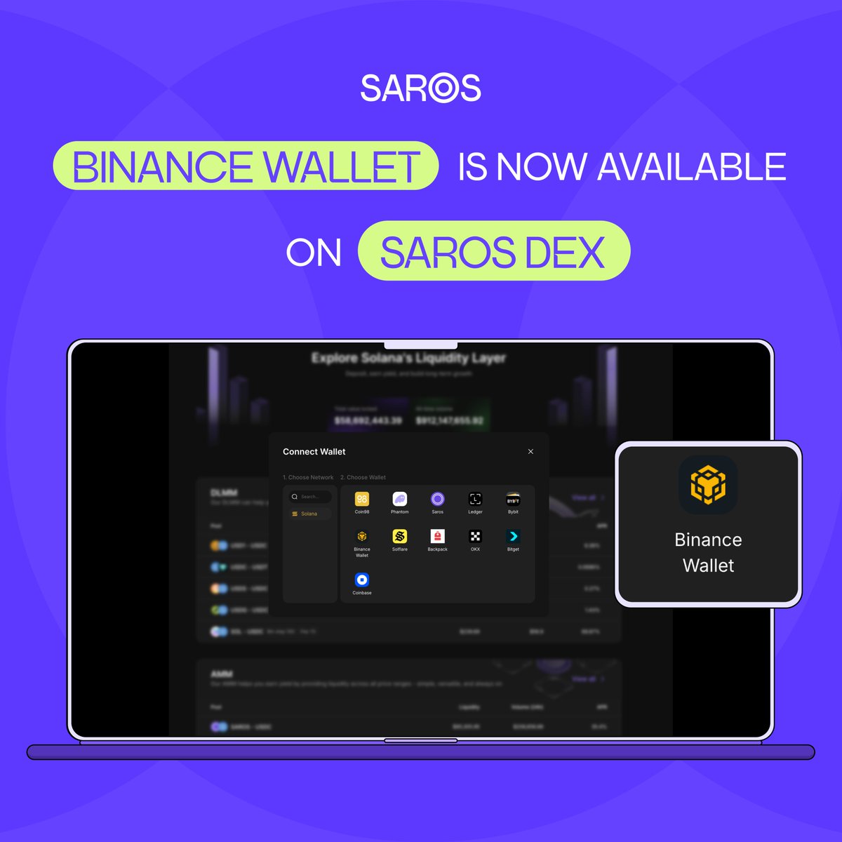 saros_xyz's tweet photo. .@BinanceWallet is now LIVE on Saros DEX 🔥

Connect your Binance Wallet and start adding liquidity in just a few clicks!

More access. More flow. More opportunities to earn.

👉 Connect your wallet. Add LP. Put your assets to work on Saros. https://t.co/XTpzBARtON