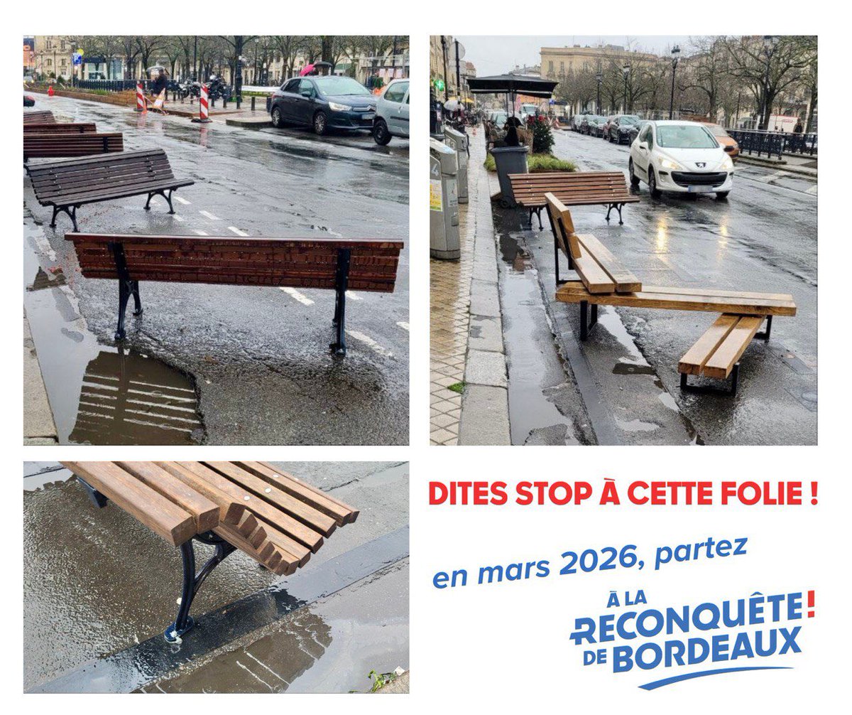 VirginieTBx's tweet image. Et maintenant, des bancs scellés en pleine chaussée aux Allées Tourny de #Bordeaux !!!

😖 À quel stade de folie furieuse en est arrivée cette municipalité bordelaise ?

🚨 Elle massacre le stationnement, pour achever les commerçants, et expose les piétons en première ligne face…