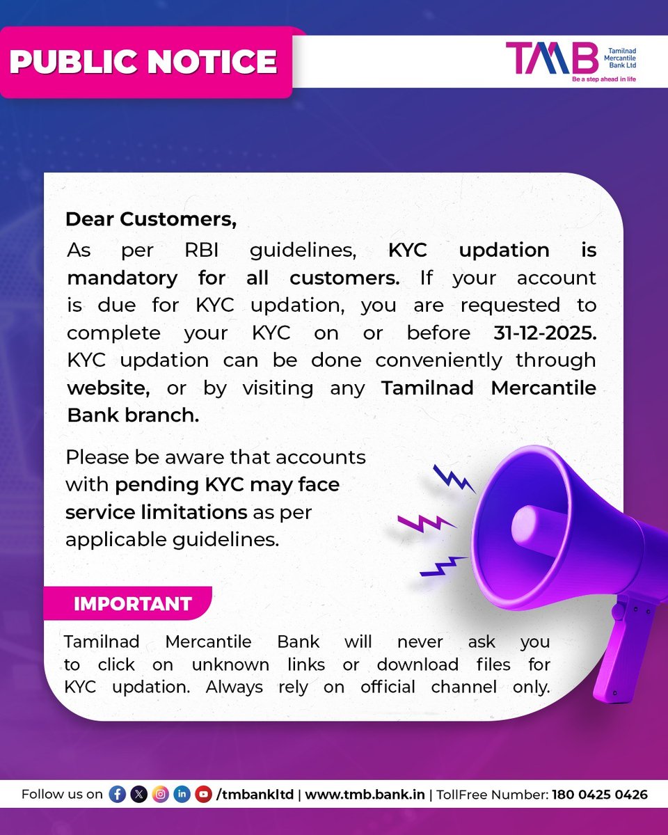 Keeping your banking smooth starts with staying updated.
If your KYC details are due for renewal, complete the process before December 31, 2025 to continue enjoying uninterrupted services. Update easily through official TMB channels or by visiting your nearest branch.

Stay