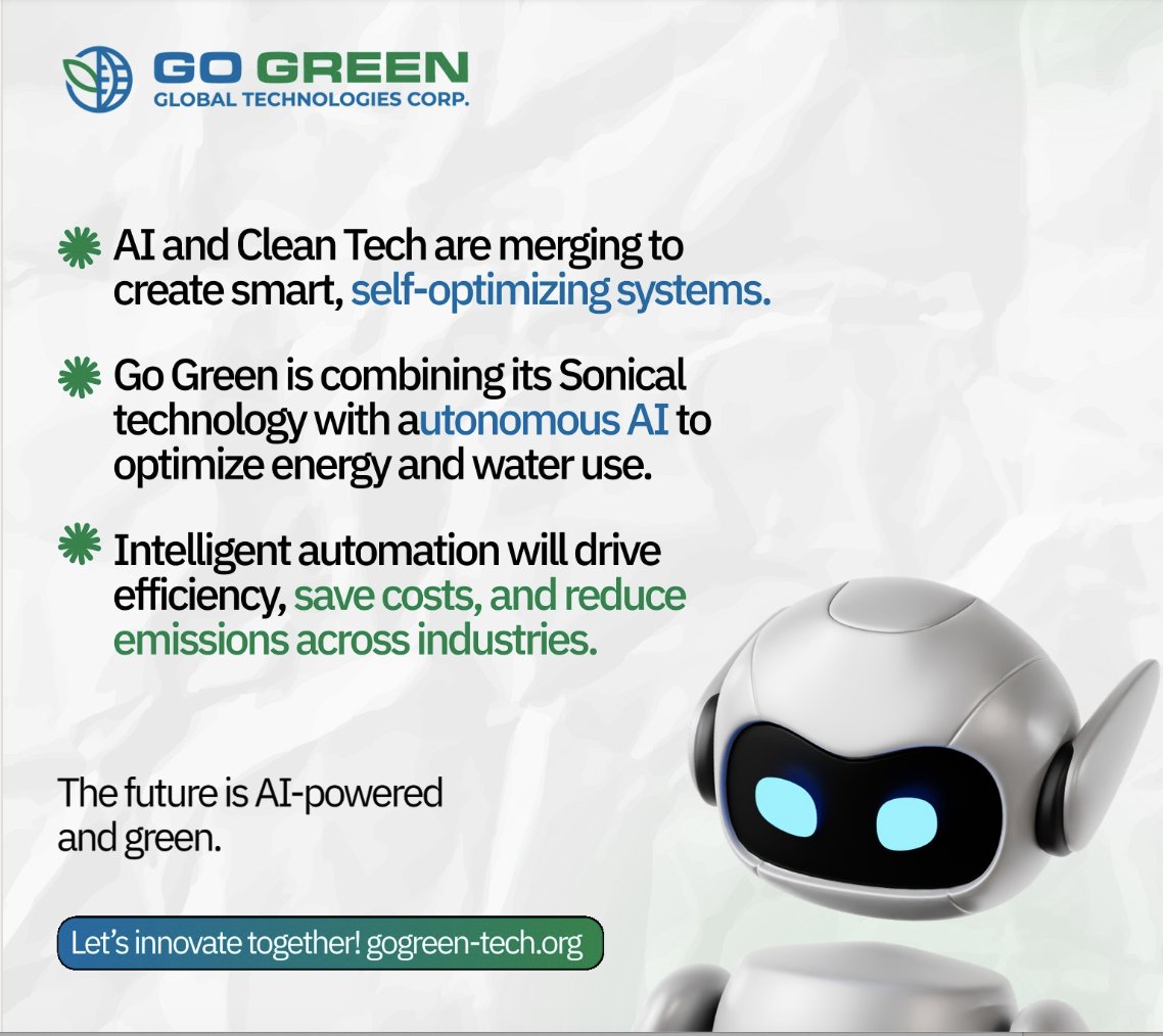 The future of sustainability is here. 🌍 Go Green Global $GOGR + Four DRobotics® = AI-powered clean-tech innovation. Together, we’ll transform fuel efficiency, water quality &amp; emissions reduction for a smarter, greener planet. gogreen-tech.org
#AI #CleanTech #Future
