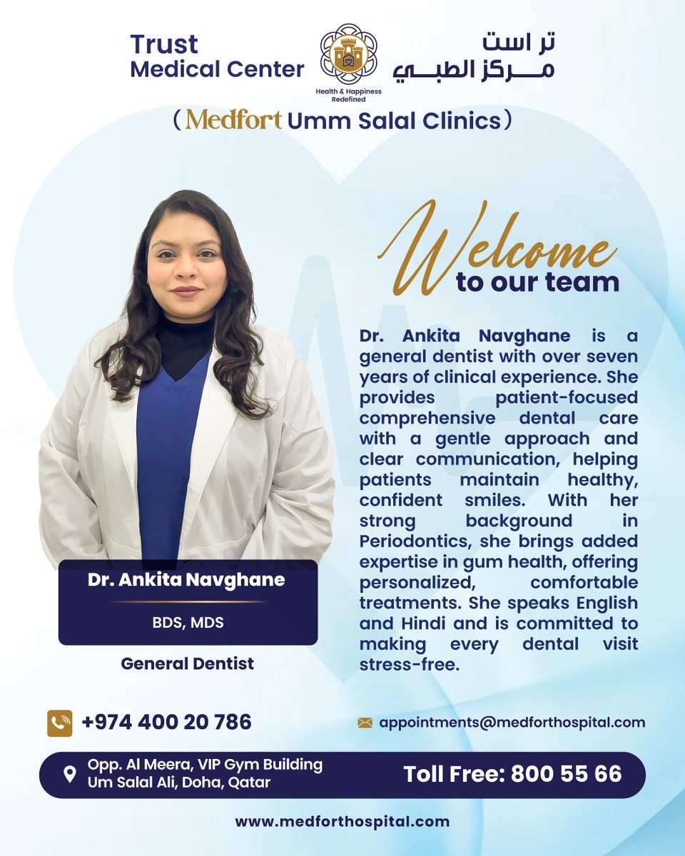 medfort_smart's tweet photo. We are pleased to welcome Dr. Ankita Navghane (BDS, MDS) to our Department of Dentistry at Medfort Umm Salal Clinics.
Now available for consultations.

Book your appointment today!

Um Salal Ali, Doha, Qatar
+974 400 20 786 |
EE Toll Free: 800 55 66
https://t.co/Ax2YBJv5xb https://t.co/WJbXpfJCpc