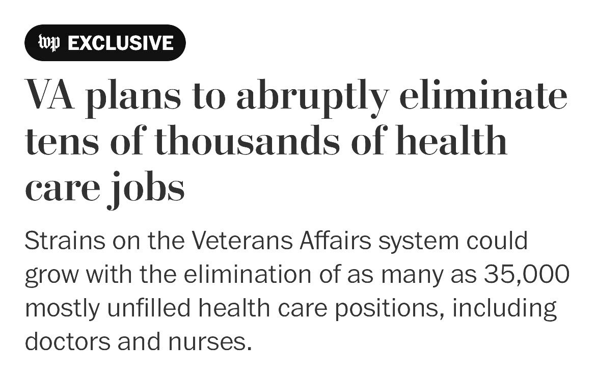 ColMoeDavis's tweet photo. Some say the VA eliminating unfilled positions is just housekeeping and won’t have an impact on healthcare for Veterans. Well, according to the latest report, those unfilled positions include 7,413 nursing positions, 231 physician assistant jobs, and 2,733 physicians. https://t.co/faS1pE0Dok