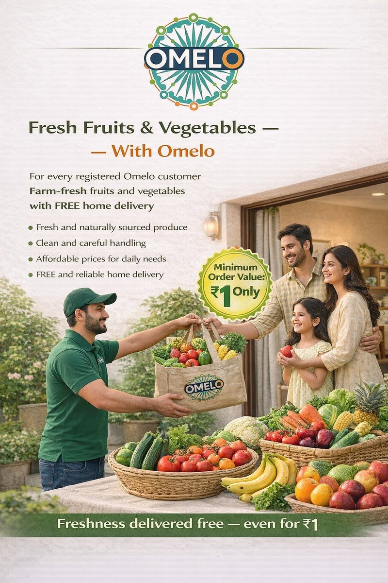 OmeloIndia's tweet photo. 🌿 Omelo India Pvt. Ltd. के साथ ताज़े फल और सब्ज़ियाँ
सीधे आपके घर तक — FREE डिलीवरी,
वो भी सिर्फ ₹1 के न्यूनतम ऑर्डर पर।

ताज़गी अब और भी आसान। 🍎🥬

#Omelo #OmeloIndiaPvtLtd #FreshFruits #FreshVegetables #FreeDelivery https://t.co/lUoNKf1UoQ