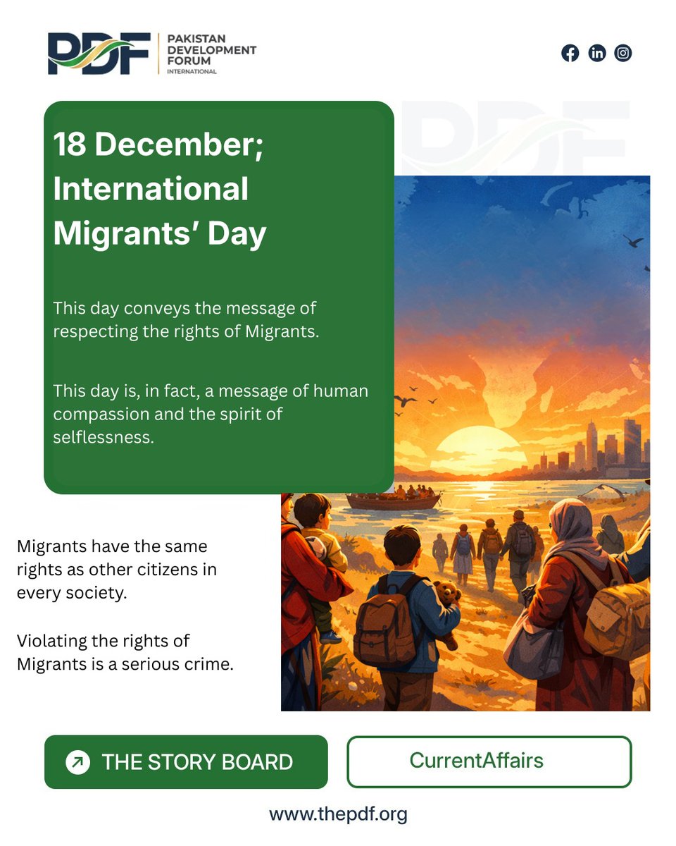 Pdfter's tweet photo. 18 December | International Migrants’ Day
A reminder to uphold the rights and dignity of migrants. They are equal members of society, and any violation of their rights is a serious injustice.
#PDF #Oversees #PakistanDevelopmentForum https://t.co/dWudsEDFLl