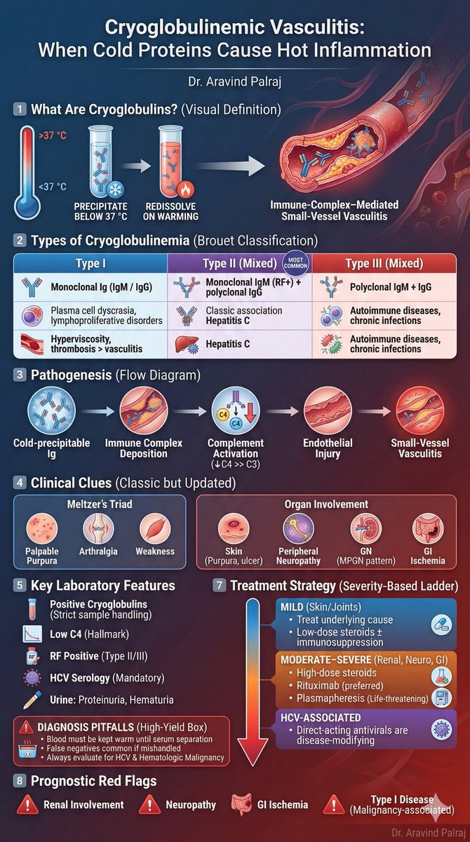 Rheumat_Aravind's tweet photo. Cryoglobulinemic vasculitis is a classic example of immune complexes doing real damage.

Key clues to remember:
• Cold-precipitable immunoglobulins
• Palpable purpura + neuropathy + GN
• Low C4 is the hallmark
• Always rule out Hepatitis C
• Treat severity - rituximab over cyclophosphamide

Small vessels. Big consequences.
@DrAkhilX @IhabFathiSulima #MedTwitter #RheumTwitter #Vasculitis