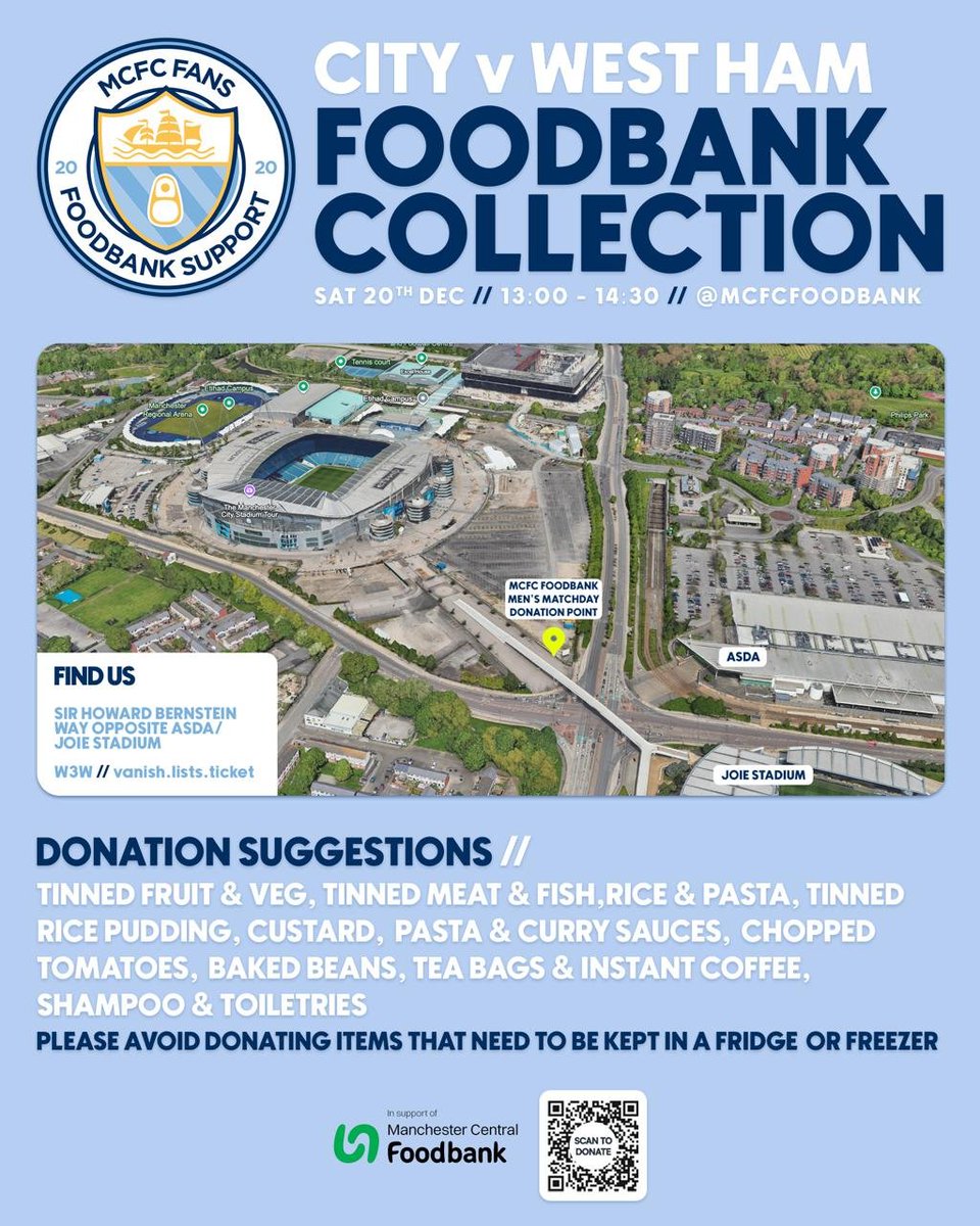 **FINAL COLLECTION OF 2025**

We're back before the West Ham game tomorrow! 

⏰13:00-14:30
📍End of Howard Bernstein Way

Can't wait to see City and West Ham supporters there - let's make it a big one to see out the year! 

#MCFC #WHUFC #CHRISTMAS