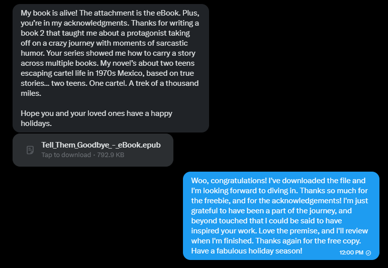 Gushing just a little bit because I got such an amazing message from a fellow author!

I'm in the acknowledgements of something. I'm a big shot now.

Everyone, go support <a href="/BookClubWriter/">E. R. Sanchez</a> and buy his brand new book! 

amazon.com/dp/B0G84R6FZY