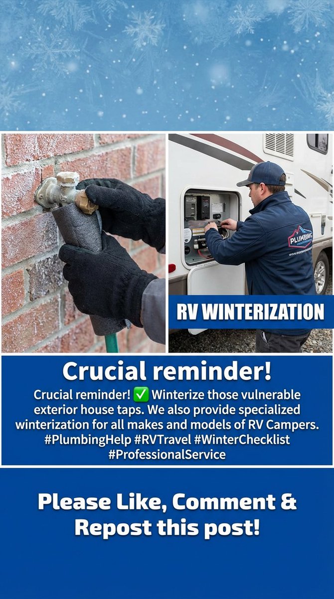 l_wrestoration's tweet image. Crucial reminder! ✅ Winterize those vulnerable exterior house taps. We also provide specialized winterization for all makes and models of RV Campers. #PlumbingHelp #RVTravel #WinterChecklist #ProfessionalService 𝗣𝗹𝗲𝗮𝘀𝗲 𝗟𝗶𝗸𝗲, 𝗖𝗼𝗺𝗺𝗲𝗻𝘁 &amp;amp; 𝗥𝗲𝗽𝗼𝘀𝘁 𝘁𝗵𝗶𝘀