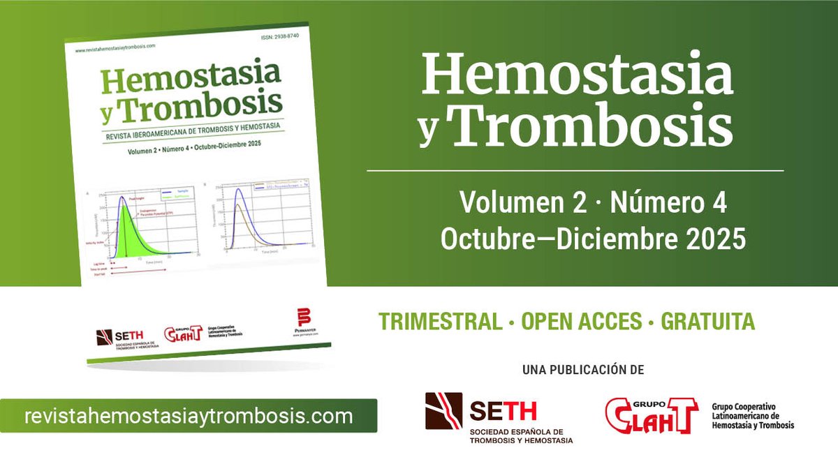 SETH__Oficial's tweet photo. 📢Ya disponible el número 4 de la revista Hemostasia y Trombosis. Revista Iberoamericana de Trombosis y Hemostasia, publicación científica editada por la #SETH y @grupoclaht

📘Incluye artículos originales, revisiones y casos clínicos de interés en el ámbito de la #hemostasia y la #trombosis👉Accede al contenido: https://t.co/1hPWsOzJ6x