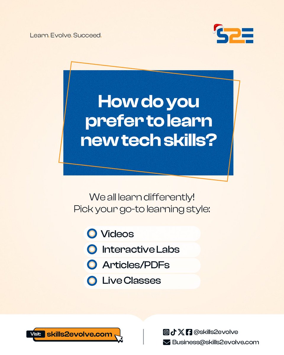 Learning tech isn’t one-size-fits-all, and we want to know what works best for you.

Tell us: What’s your preferred way to learn a new tech skill?
📹 Videos
🧪 Interactive labs
📄 Articles/PDFs
🎥 Live classes

#TechGoals #UpskillWithS2E #LearningNeverStops #TechCommunity