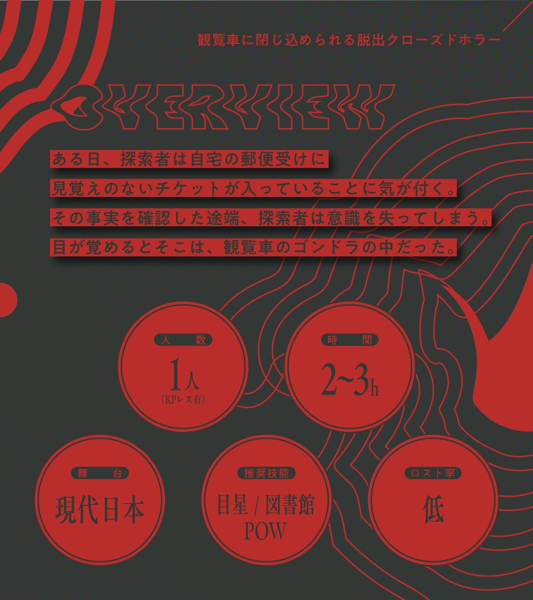 _a_lpha's tweet image. .

Call of Cthulhu
「　廻る赫　」
wtm-mdms.booth.pm/items/7771118

solo - KPless - 2~3h
観覧車脱出クローズド

#GMLG2512 参加作品
#GMLG2512_新規 #GMLG_CoC6 

#Alpha通信 
.