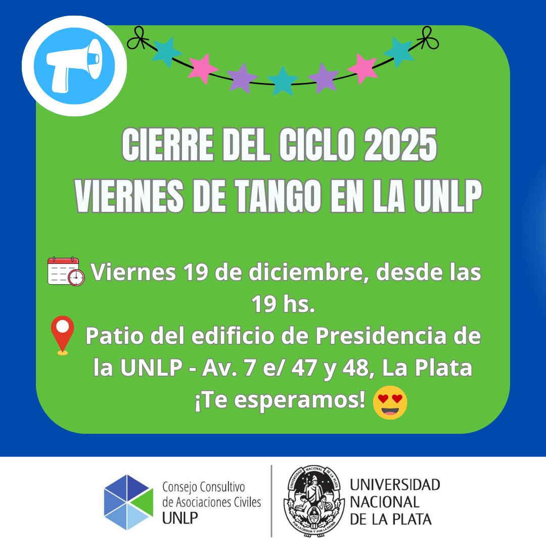 📢 Hoy a las 19 hs.: Cierre del ciclo 2025 Viernes de Tango en la <a href="/unlp/">UNLP</a>. 🕺💃💙
Después de haber compartido este hermoso espacio de clases, prácticas y amistad, a lo largo de todo el año, preparamos para ustedes un encuentro especial. 🥰