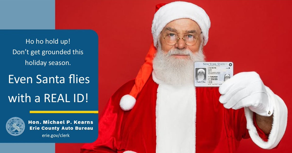 ErieCountyClerk's tweet image. Avoid travel trouble—stay off the @TSA naughty list! ✈️🚫

Skip holiday hassles at the airport and travel with confidence. Stop by and upgrade to a #REALID now! 🪪

Learn more: erie.gov/clerk/REALID