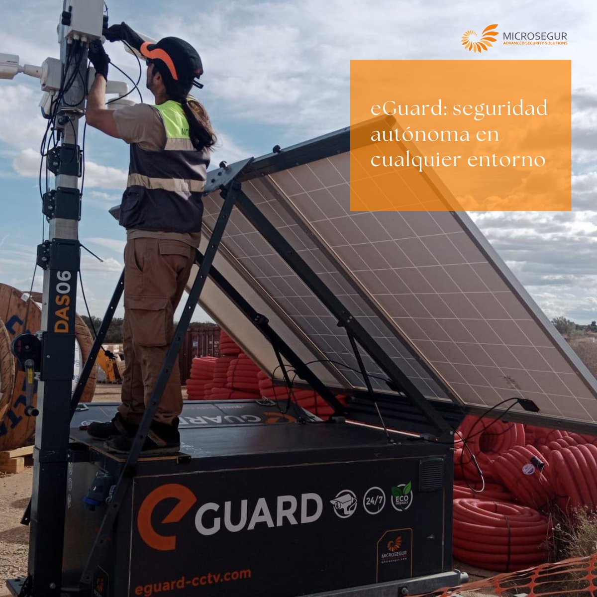 #eGuard de Microsegur: videovigilancia autónoma que garantiza protección en zonas sin red eléctrica ni conexión fija. Alimentado por #energíasolar y con comunicación 4G, eGuard ofrece supervisión 24/7 con instalación rápida y flexible. Seguridad adaptada a cualquier terreno.