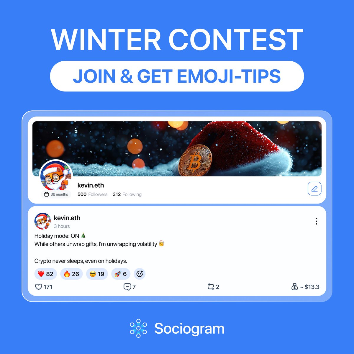 sociogram_web3's tweet photo. Bring the holiday mood to Sociogram
Join the vibe & get Emoji Tips from us!

· Update your avatar & profile cover on https://t.co/Jvoi930r0C
· Write how you'll celebrate the winter holidays this year & drop the link to your post in the comments

Participate here: https://t.co/irip7fYOPV
The contest runs until January 9