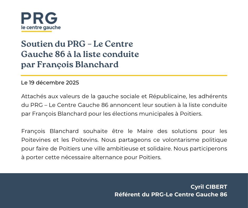 Je soutiens pleinement la liste conduite par <a href="/FraBlanchard/">François Blanchard</a> , avec le PRG  86, pour une ville ambitieuse, solidaire et fidèle aux valeurs de la gauche sociale et républicaine. #Poitiers cc <a href="/Lacroix_PRG/">Guillaume Lacroix</a> <a href="/PRG_NA/">PRG-Le centre gauche Nouvelle-Aquitaine</a> <a href="/PartiRadicalG/">Parti Radical de Gauche</a>